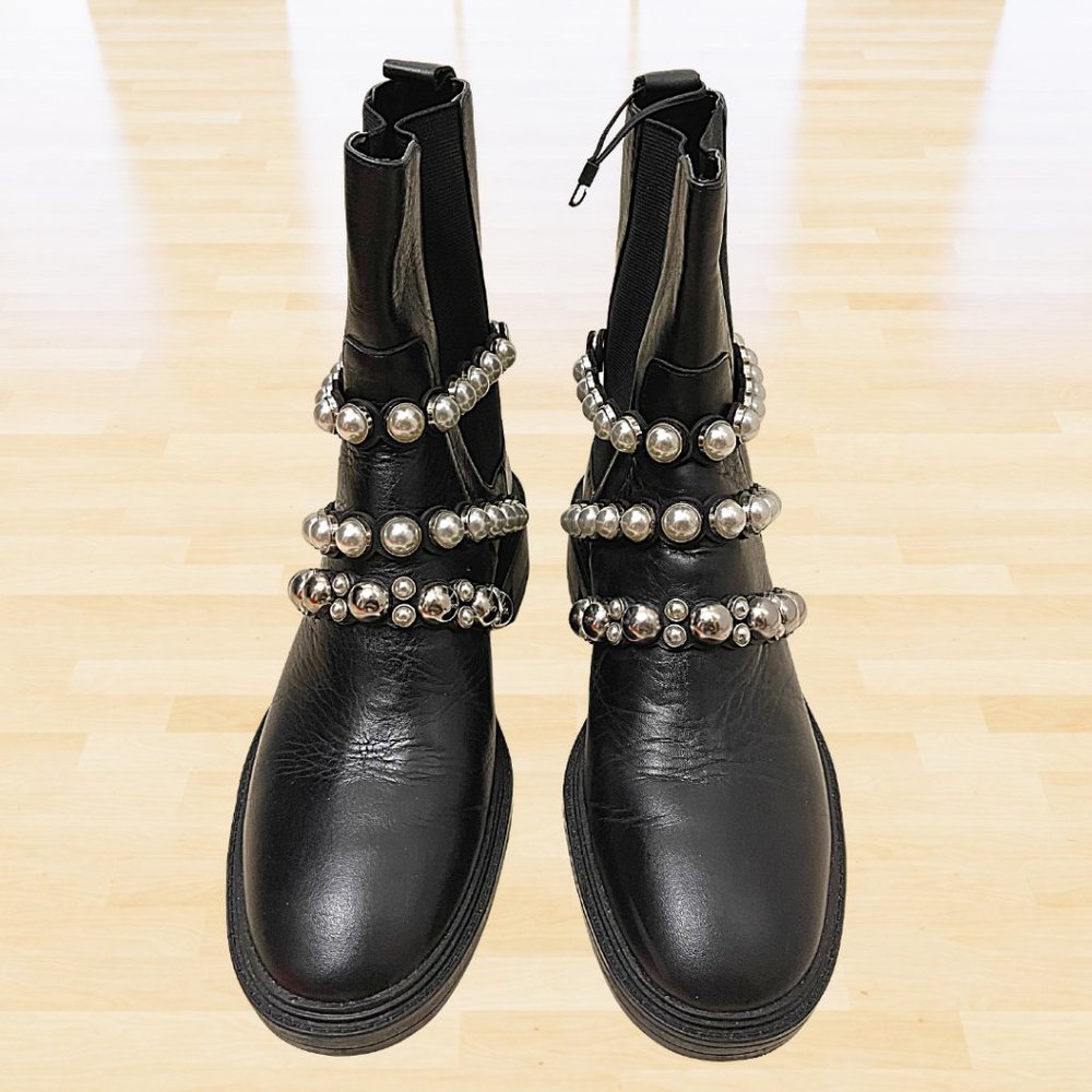 Zara Black W Flatform Leather Ankle W/ Faux Pearls 7.5/38 Color New Boots/Bootie